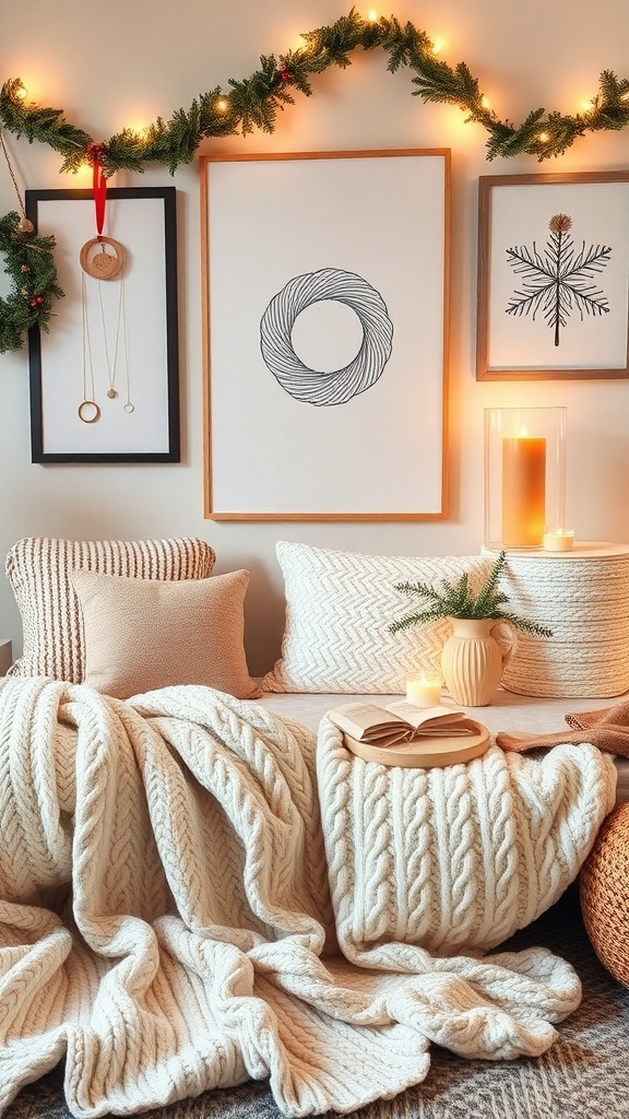Aesthetic Christmas wishlist with cozy blankets, jewelry, and wall art in a festive setting.